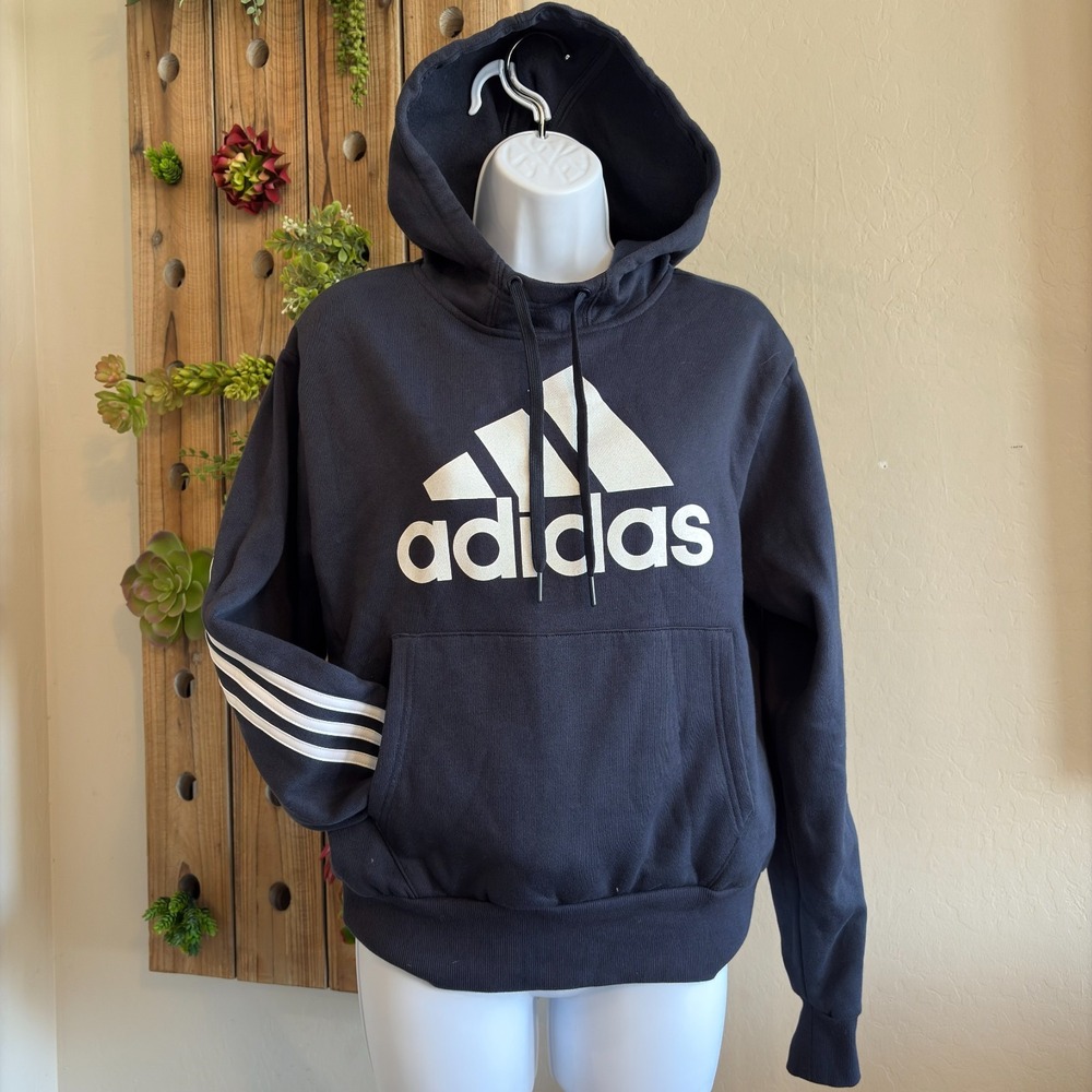 Adidas Essentials Striped Fleece Hoodie Sweatshirt XS Navy Women Kangaroo Pocket